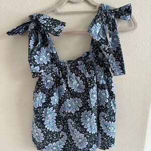 J. Crew Black and Blue Floral Tie-Shoulder Blouse